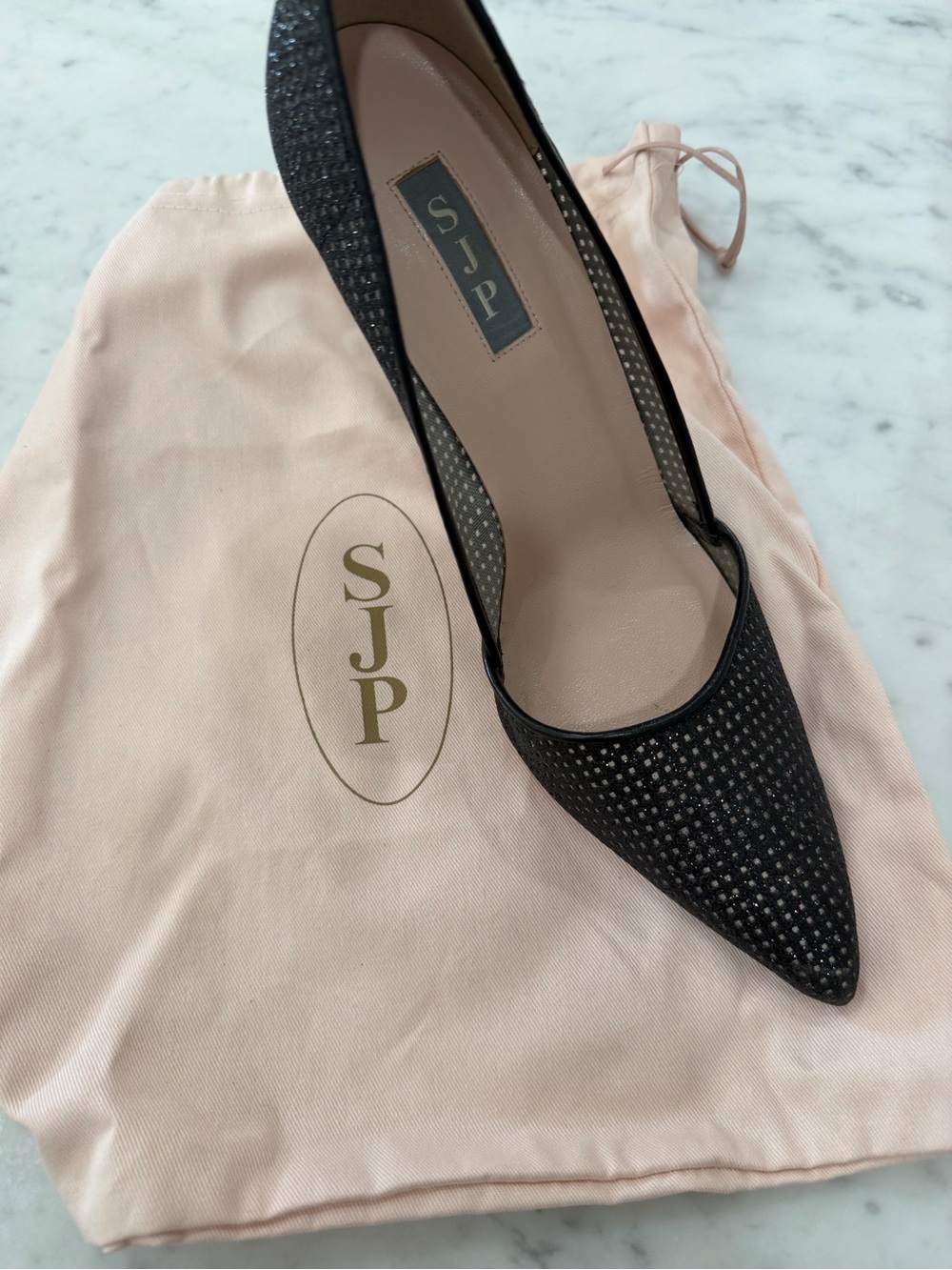SJP Pointed Toe Black Glitter Heel